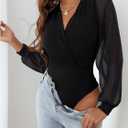 WDIRARA Women's Mesh Sheer Lantern Long Sleeve Bodysuit Wrap V Neck Blouse (Black, XS)