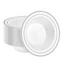 BESTSTAR 50 Pack Disposable Soup Bowls with Silver Rim, 12oz Premium Heavy Duty Plastic Dinner Bowls for Party, Wedding and Holiday