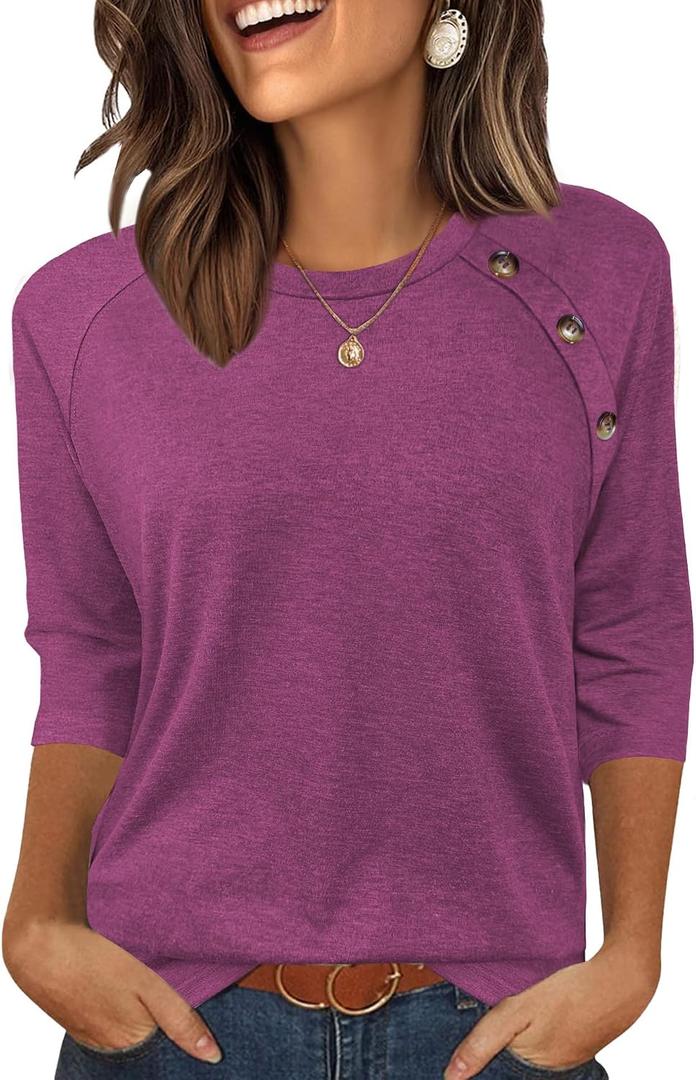 Womens Summer Tops 3/4 Length Sleeve Shirts Fashion 2026 Crew Neck Dressy Casual Blouses, L