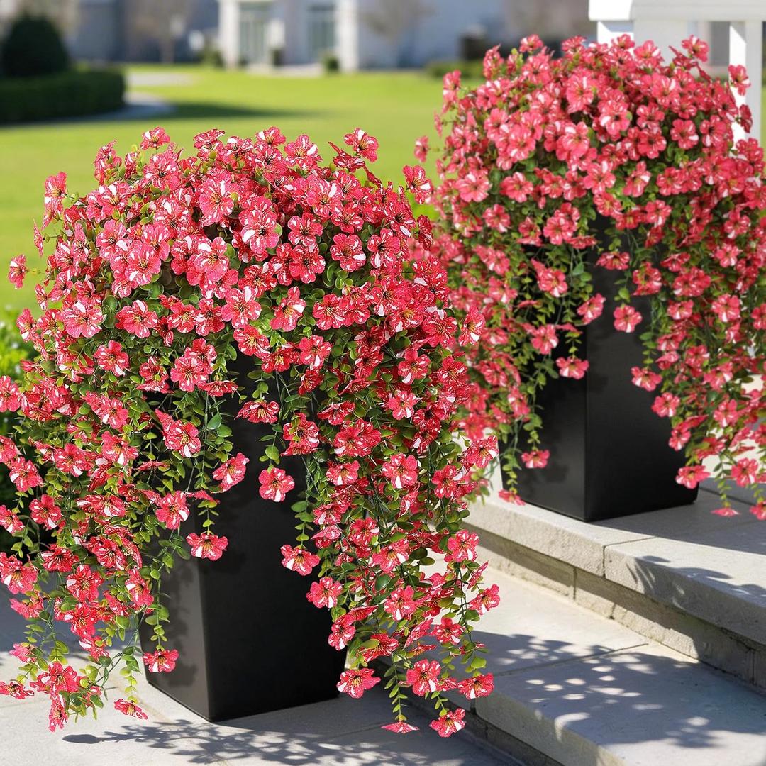 GLIDLION 4 PCS Artificial Morning Glory & Eucalyptus for Outside, Realistic Sun Resistant Fake Silk Hang Flower Faux Eucalyptus Leave for Patio Farmhouse Garden Porches Balcony Decor (Rose Red)