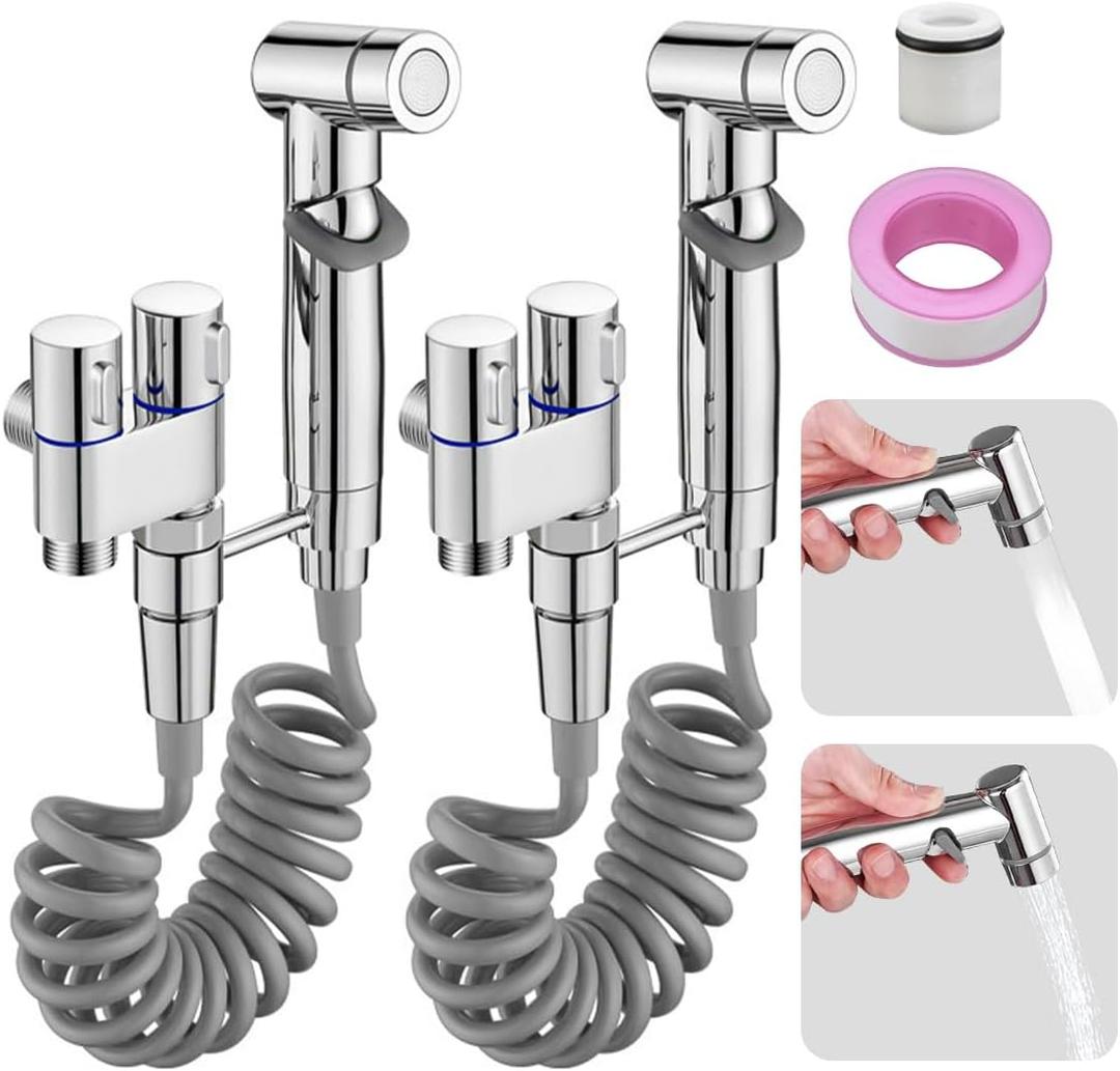 1-In-2-Out Dual Control Valve Mini Toilet Faucet Sprayer Kit Butt Washer, Multifunctional Hand-held Bidet Spray Bathroom Diaper Shower, Spray, Hose and Accessories (2Pcs-Silver)