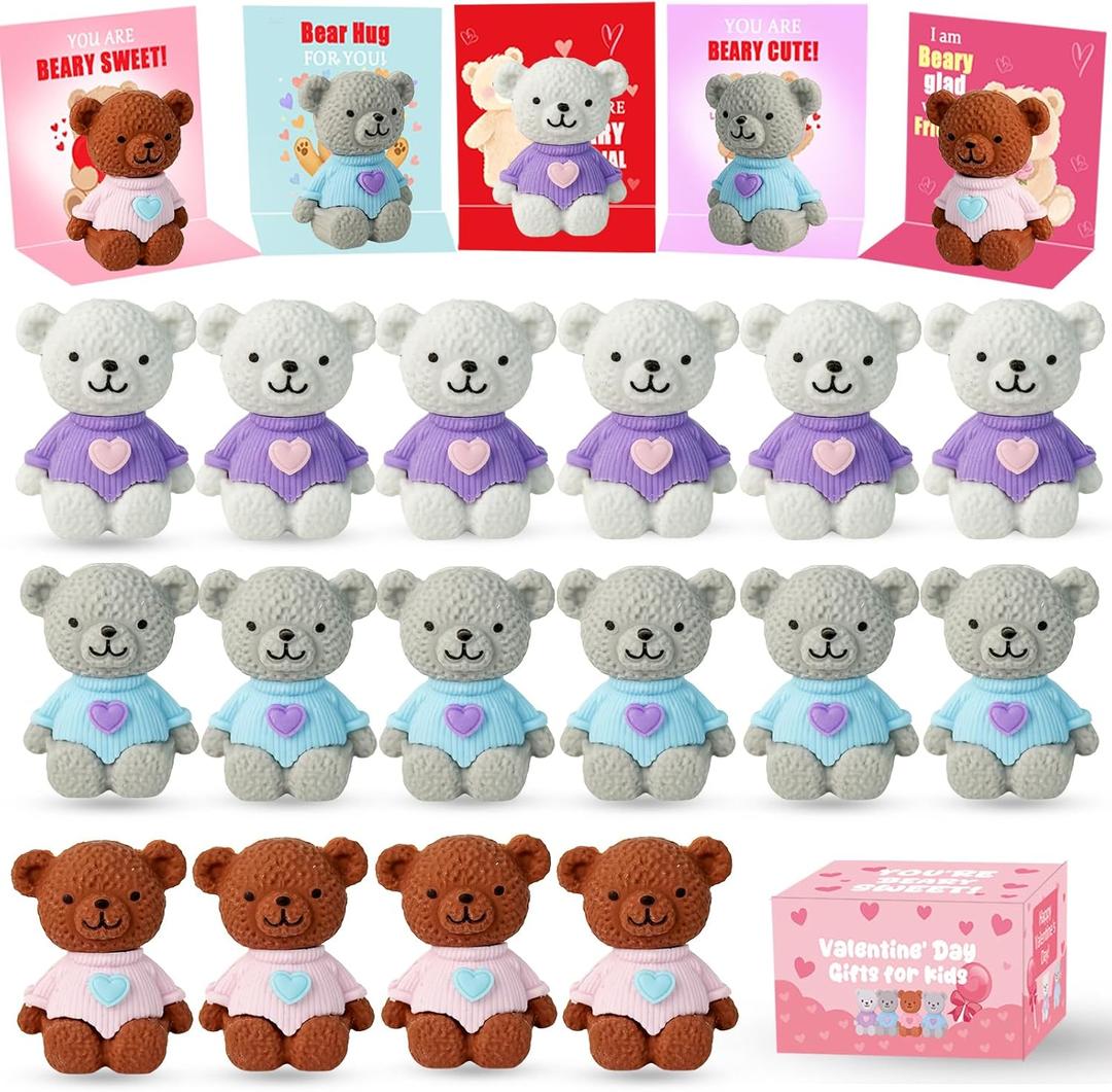 24pcs Valentines Day Gifts for Kids,Valentines Day Cards with Bear Erasers,Valentine Bulk Erasers School Classroom Students Exchange Gifts Party Favors