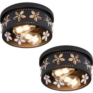 10.6 inch Black Flush Mount Ceiling Light Fixtures, 2-Light Ceiling Mount for Industrial, Crystal Light Fixtures for Farmhouse, Bedroom, Living Room, Kitchen, Hallway and Foyer (2 Pack)