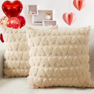Valentines Pillow Covers, Set of 2 Soft Plush Short Wool Velvet Throw Pillow Covers, Valentines Heart Love Decorative Square Luxury Cushion Case Pillow Shell for Sofa Holiday- Beige 18x18 Inch