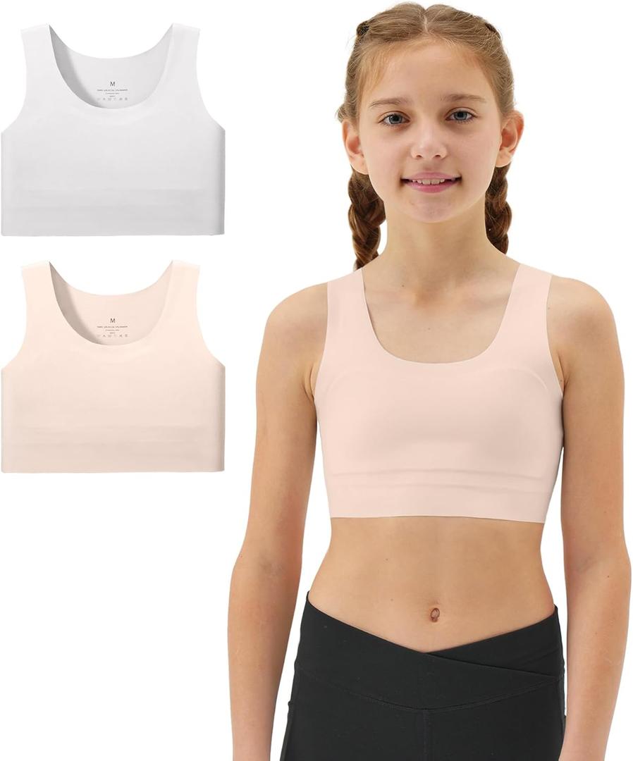 Sascina Girls Soft Training Bras 7-12 Seamless First Bra Girls Sports Bras Longline Crop - No Pads, Chest Double Lined (Small, Nude+light Gray)