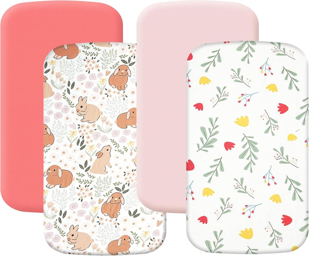 4 Pack Bassinet Sheets 21" x 35", Compatible with Amke, Ezebaby, Evolur Stellar and Mereryi Baby Bassinet, Soft and Skin-Friendly, Pink and Rabbit