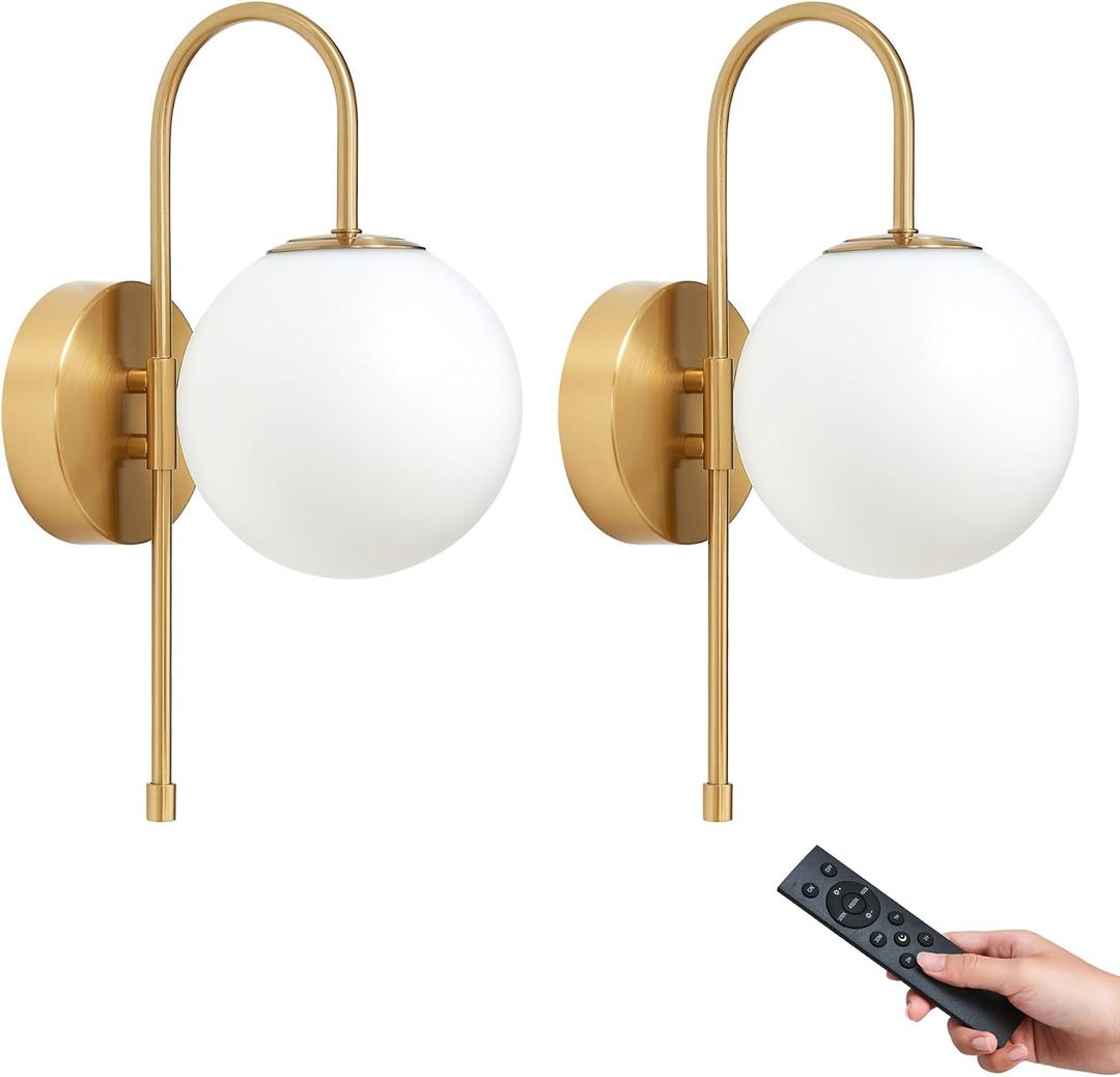 Battery Operated Gooseneck Wall Sconces One Set, Glass Globe Wireless Lights with Remote & Touch, Rechargeable Brushed Gold Sconce, 3 Color Dimmable Ambient Lighting for Bedroom Living Room