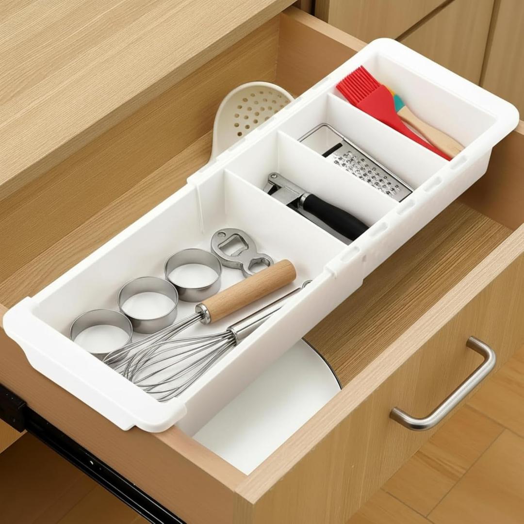 Enhon Expandable Sliding Drawer Organizer for Kitchen Drawers, Deep Drawer Organizer Tray with Adjustable Dividers, Sliding Kitchen Drawers Tray for Utensils, Silverware & Accessories, 11.418,White