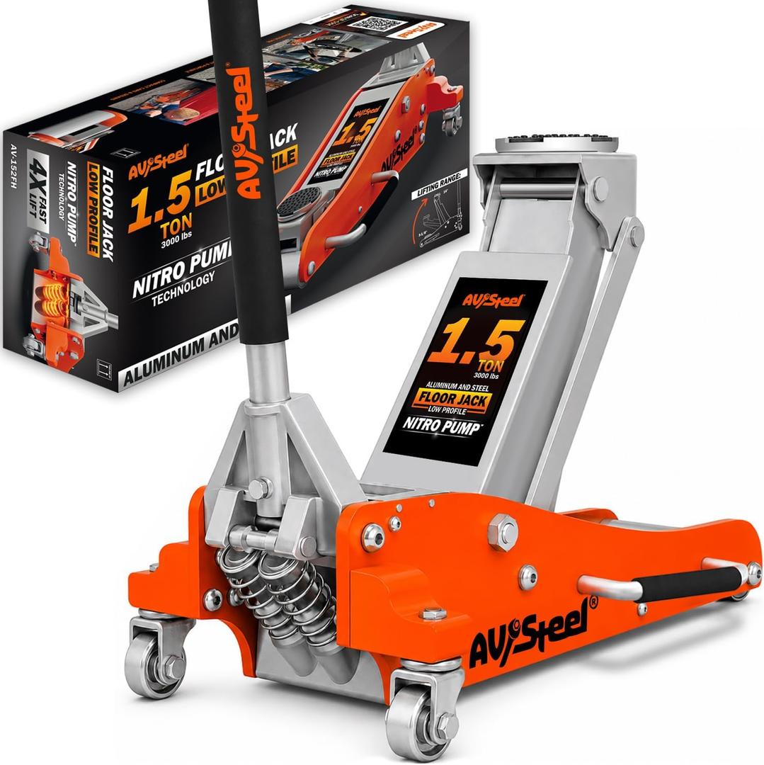 AV Steel 1.5 Ton (3,000 lbs) Aluminum and Steel Low Profile Hydraulic Floor Jack, Portable Lightweight Car Jack with Dual Piston Quick Lift Pump and Overload Protection Valve, Lift Range 3-1/8" to 14"