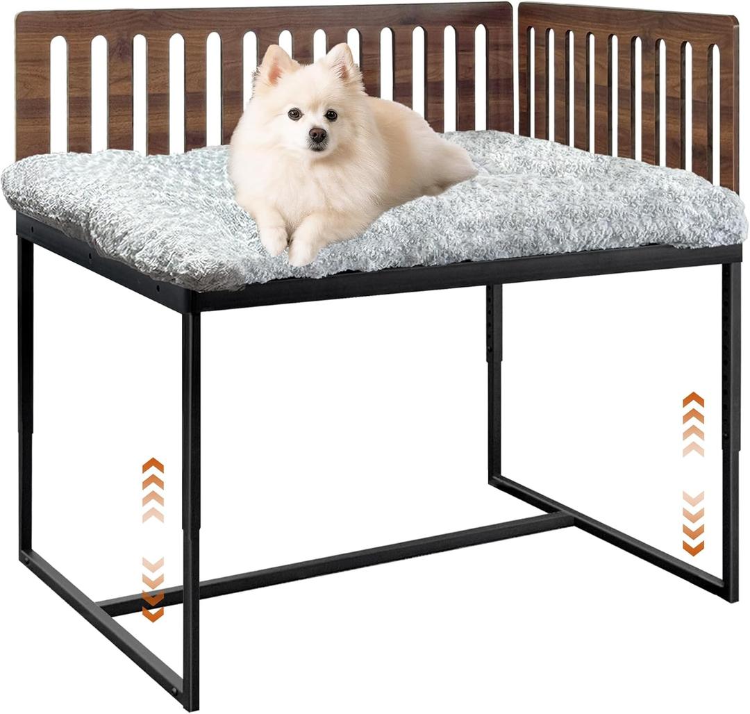 Beside Dog Bed,2 Panels Adjustable Height Dog Bunk Beds,25.5x18Metal Dogs Bed Frame with Cushion,Medium