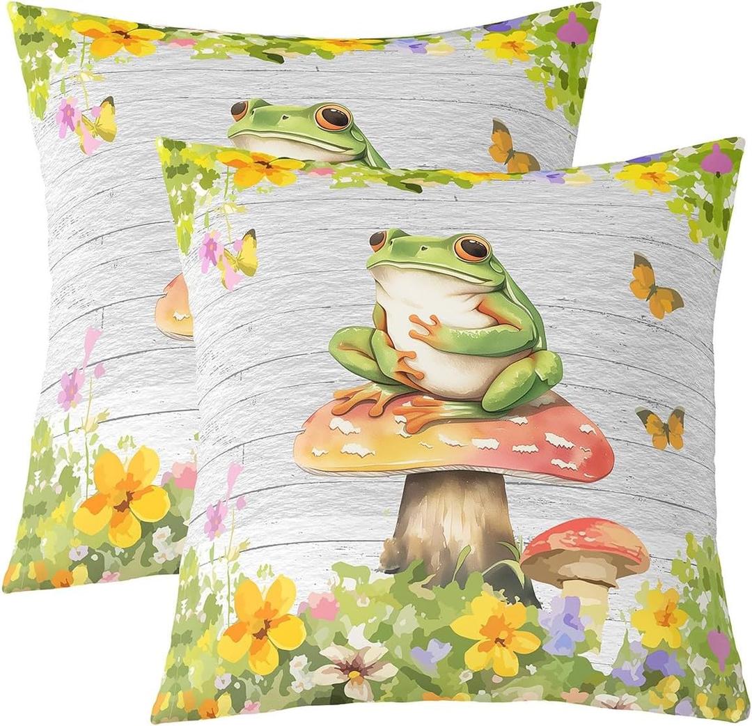 Feelyou Frog Pillow Cases Cushion Covers Kids Kawaii Decor Throw Pillow Covers 18"x18" Set of 2 Frog Mushrooms Decorative Throw Pillowcases forBotanica Cute Mushroom Decor Green Red Cushion Cases