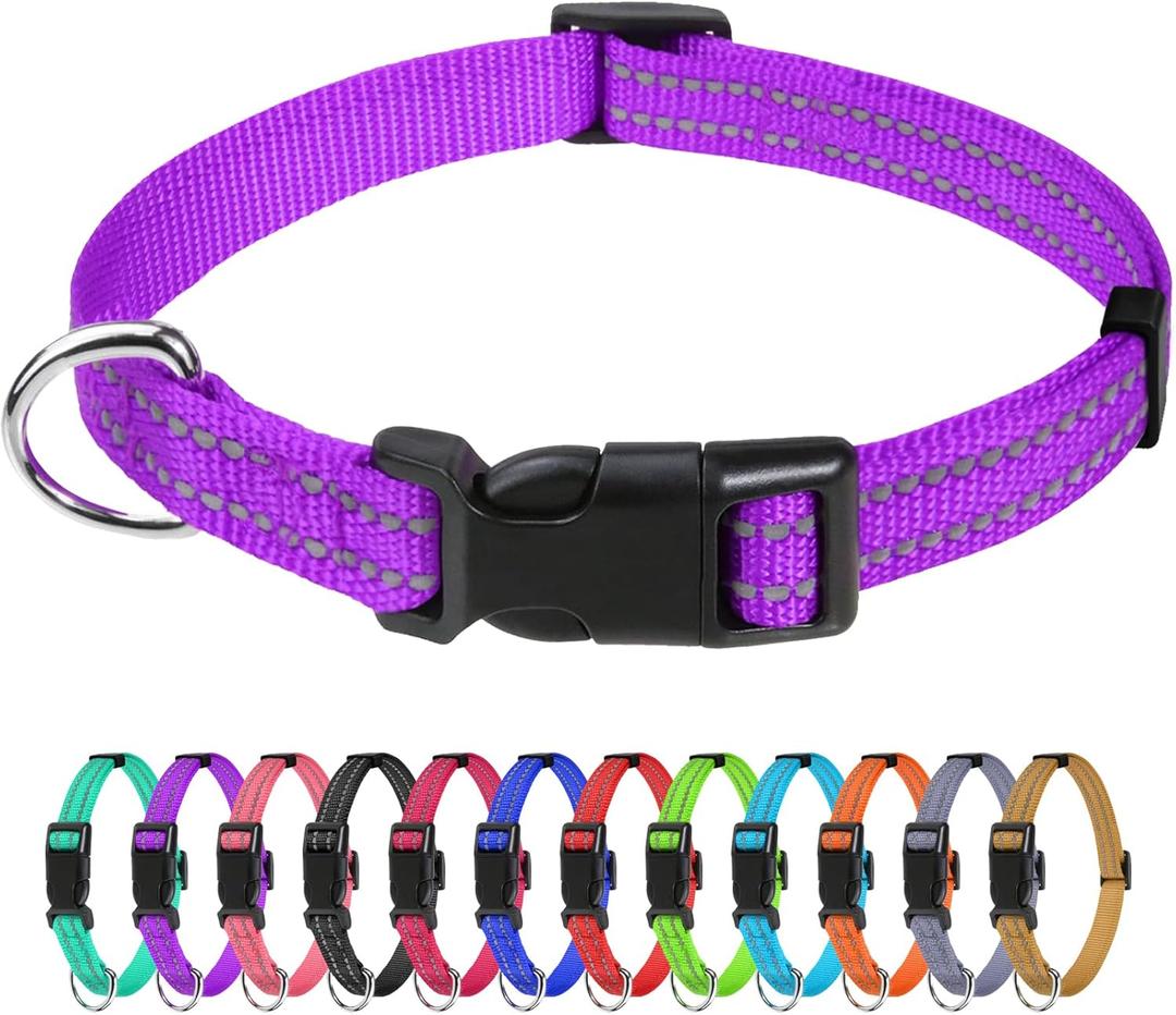TagME Reflective Nylon Dog Collars, Adjustable Classic Pet Collar with Quick Release Buckle for Puppy, Purple, 3/8" Width (XS: 3/8"x(8-12"))