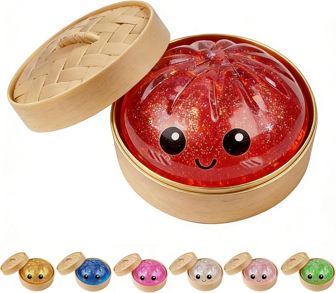 Dumpling Squishies, Glitter Dumpling Mystery Box, Colorful Dumplings Stress Balls Toy, Stocking Stuffers with Food Steamer Stretchy Desk Toys (Glitter Red)