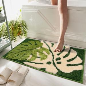 Color&Geometry Cute Leaf Bathroom Rug, Plush Absorbent Non Slip Washable Plant Decor Bath Mat, Ideal for Shower Sink, Bathtub Floor, Bedroom, Kids Room, 31x31, Green