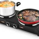 Techwood ES-3203 Hot Plate Electric Double Burner 1800W for Cooking with Adjustable Temperature & Stay Cool Handles, Black Stainless Steel, Compatible for All Cookwares
