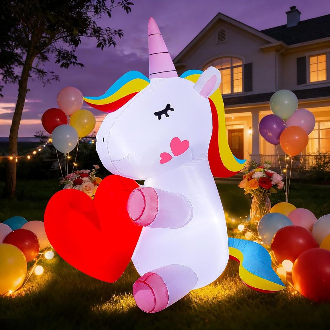 Lulu Home Lighted Yard Decorations, 5 FT Large Inflatable Light Up Unicorn Holding A Red Heart, Valentine's Day Blow Up Adorable Rainbow Colorful Unicorn Outdoor Indoor Party Display Decor