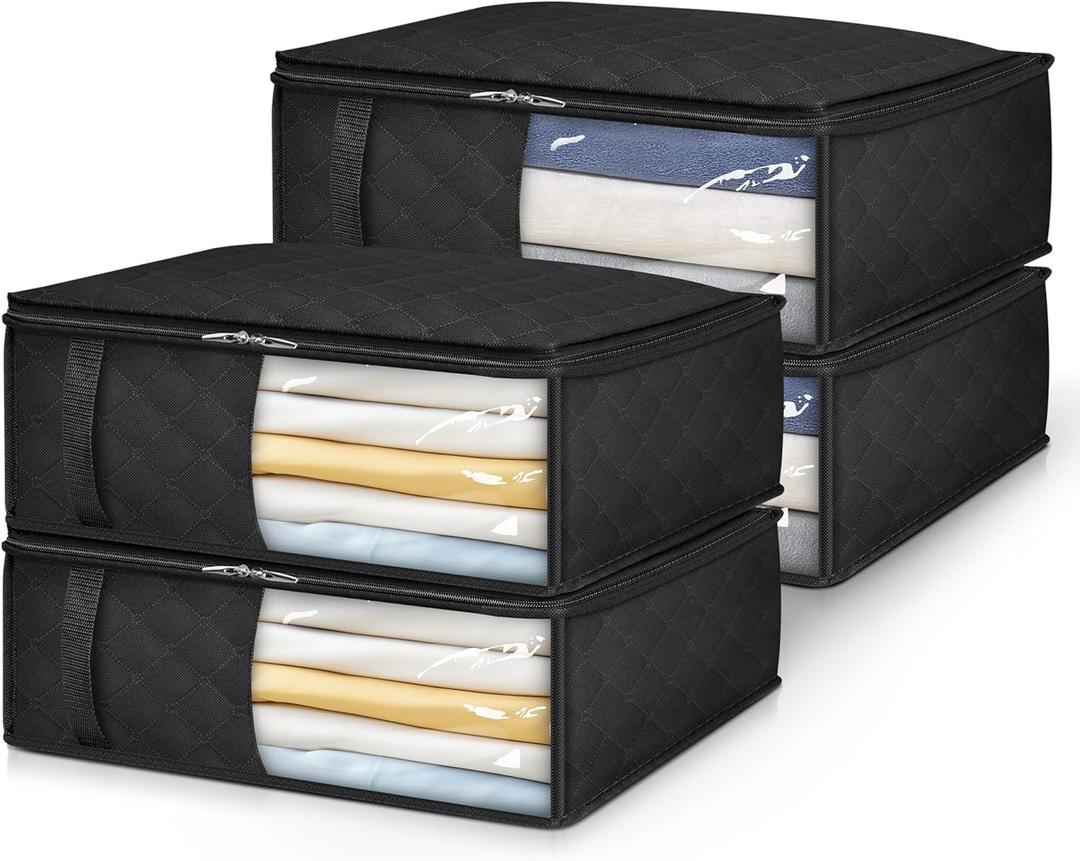 MISSLO Bed Sheet Organizers and Storage Queen/King Size Sheet Folder 4 Pack Linen Closet Organizer with Clear Window Blanket Storage Bags for Bedsheets, Pillow Cases, Towels, Clothes