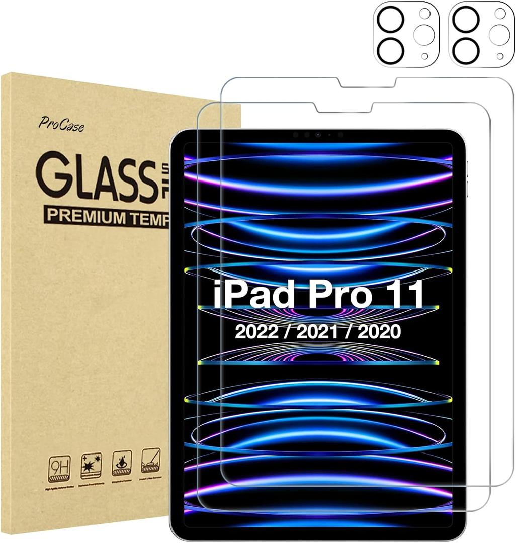 ProCase 2+2 Pack Screen Protector for iPad Pro 11 inch 4th 3rd 2nd 2022 2021 2020 with Camera Lens Protector, Tempered Glass Film for iPad Pro 11" (Clear)