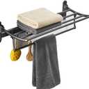 BESy 24 Inch Oil Rubbed Bronze Towel Racks, Bathroom Towel Shelf with Foldable Towel Bar Holder and Towel Hooks, Wall Mounted Multifunctional Bathroom Accessories, Double Towel Bars