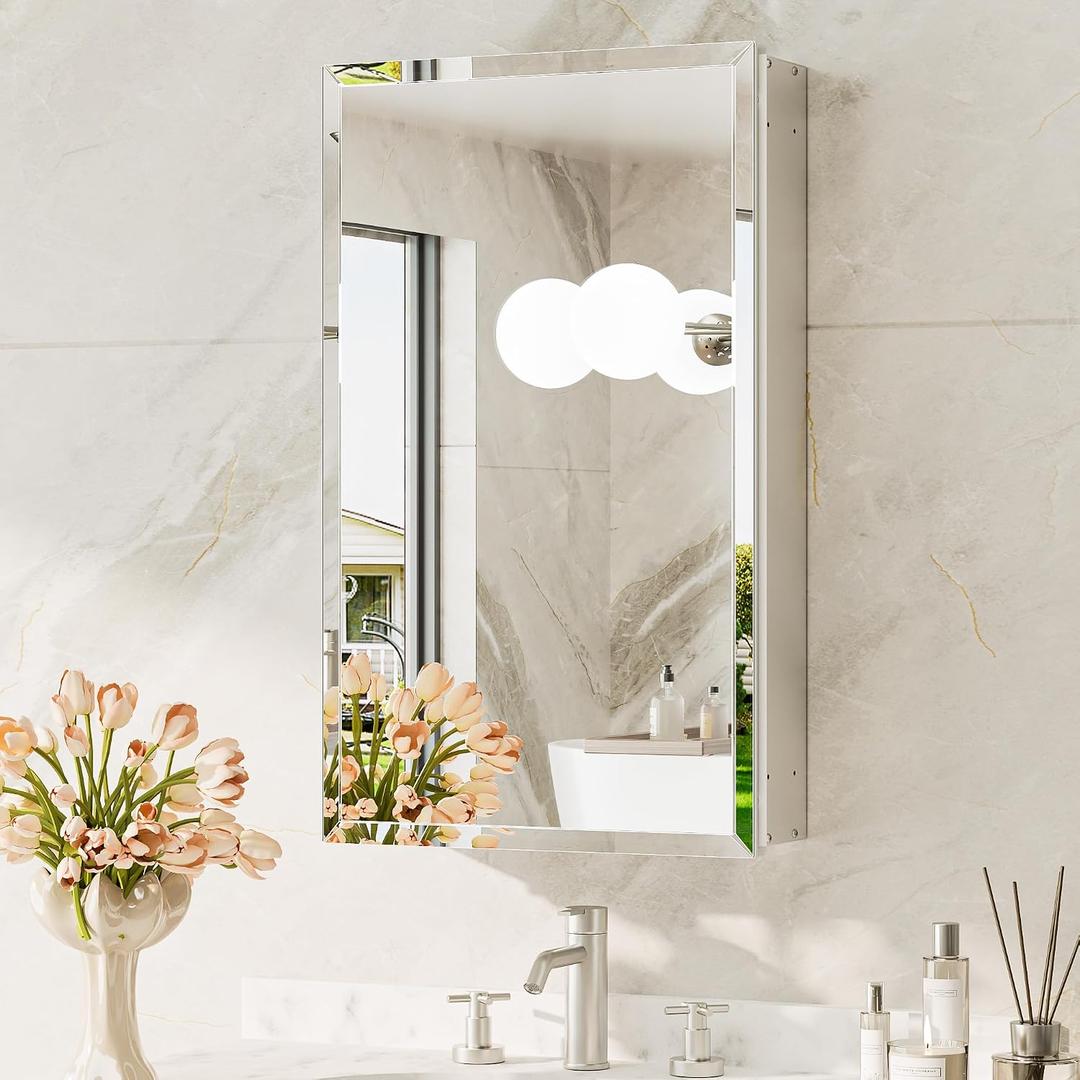 15 x 26 Recessed Medicine Cabinet with Tempered Beveled Mirror, Assembly Required, Silver Medicine Cabinet for Bathroom, Stepless Adjustable Shelves, DTC Hinge