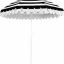 6.5Ft Classic Beach Umbrella with Fringe, Scalloped Patio Umbrella with Push Button Tilt, UPF50+ Portable Outdoor Umbrellas for Garden Lawn Pool, Carry Bag, Black White Stripe