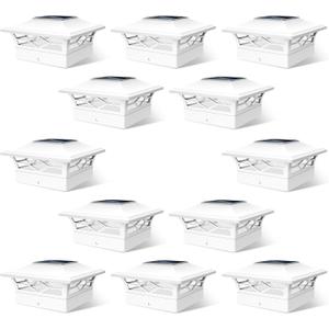 Solar Fence Post Lights, Cap Lights for 4x4/5x5 Vinyl Fence and 4x4/6x6 Wooden Post, Warm White/Cool White Lighting, White Solar Cap Outdoor Waterproof Decorate Garden Pathway Dcek Patio (12pack)