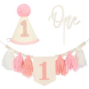 1st High Chair Banner Wood Bead Tassel Garland Banner, Pink and White First Birthday Cone Hat with One Cake Topper Happy Birthday Party Decorations for Baby Girls