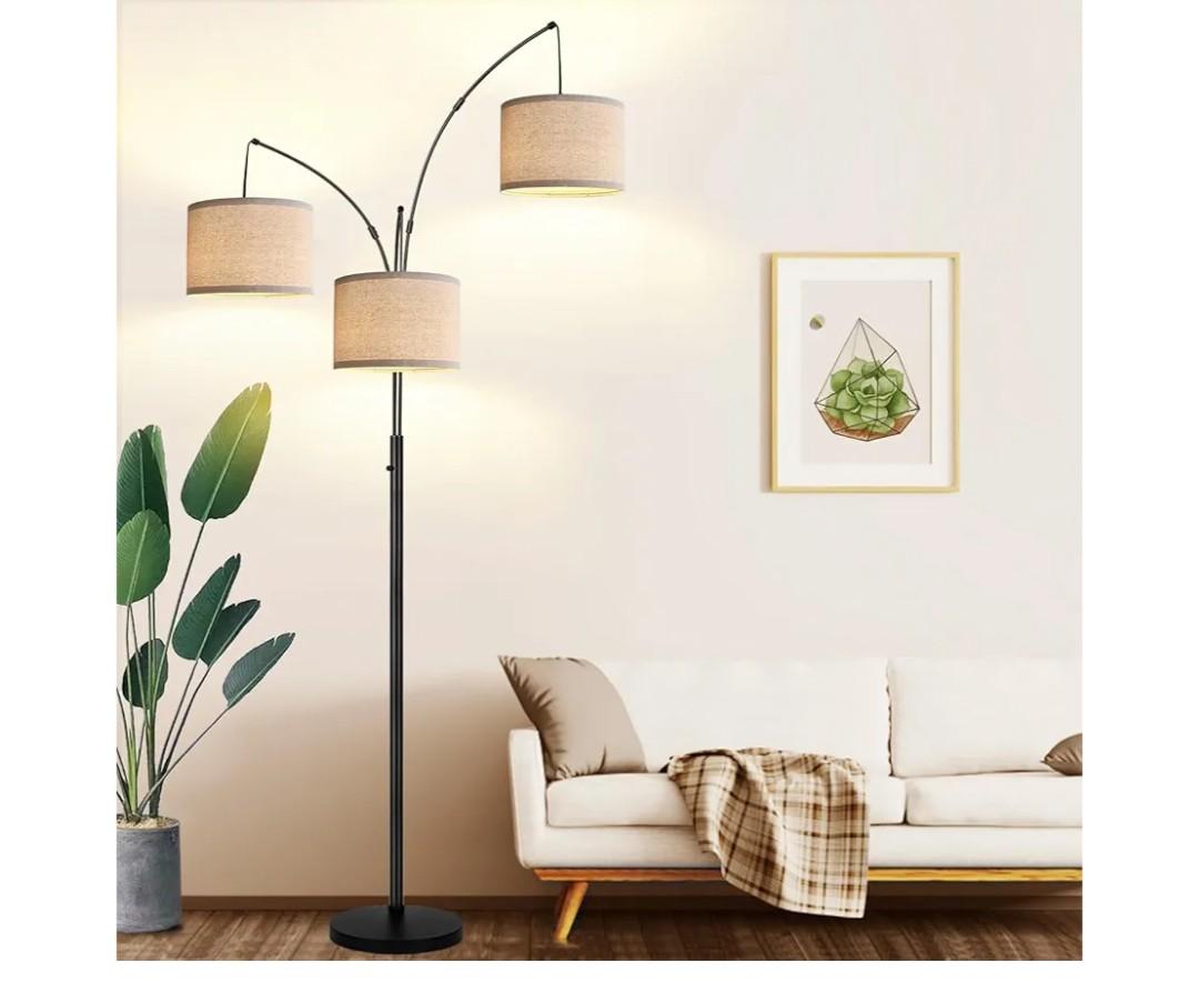 Dimmable Floor Lamp  3 Lights Arc Floor Lamps for Living Room, 1000LM Modern Tall Standing Lamp With Beige Shades & Heavy Base, Mid Century Tree Floor Lamp for Bedroom Office, 3 LED Bulbs Included