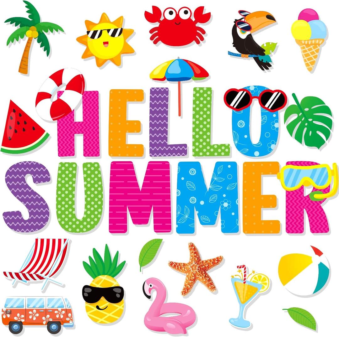 Hello Summer Cutouts 72 Pack Pool Beach Hawaiian Theme Cut Outs Summertime Bulletin Board Decoration Watermelon Spring Summer Tropical Office Decorations Palm School Teacher Supplies for Classroom