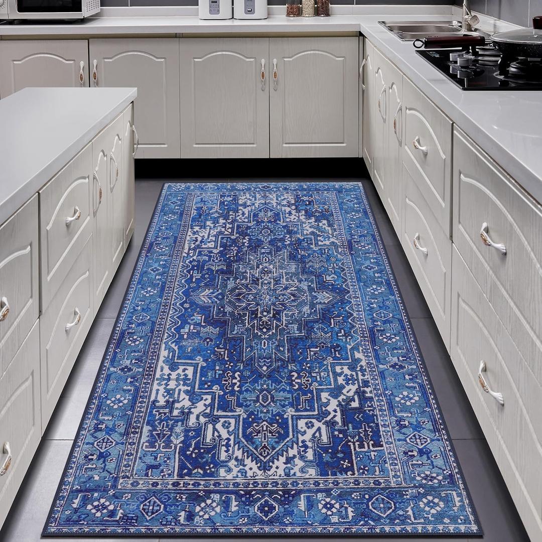 MaxRugrs Washable Runner Rug Non Slip Kitchen Rug Runners for Hallways,Stain Resistant Vintage Floor Carpet Runners for Entryway,Laundry Room,Bedroom-Beside Area Rugs(2x6,Blue White)
