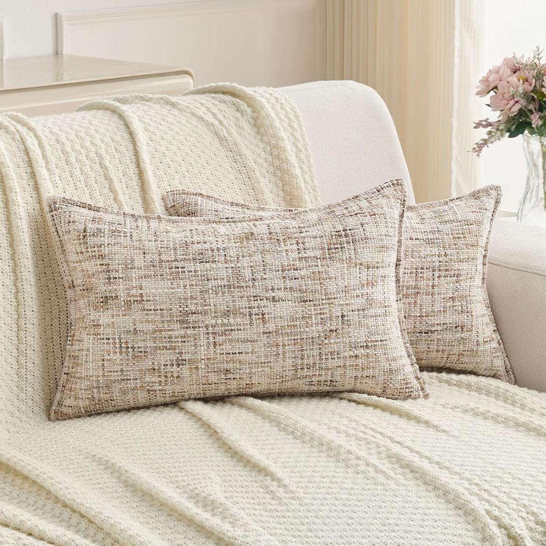 FUTEI Beige Brown Decorative Throw Pillow Covers 12x20 Inch Set of 2,Soft Chenille Tweed Textured Lumbar Pillow Case,Modern Home Decor for Couch Bed Living Room