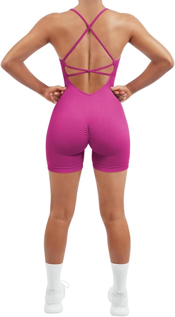 SUUKSESS Women Strappy Romper Seamless Jumpsuit Tummy Control Padded Sports Bra (Pink, M)