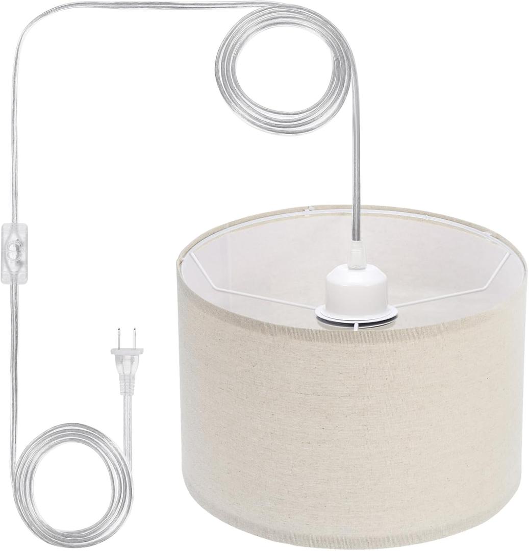 PATIKIL Plug in Pendant Light, 15Ft Rope Cord Hanging Lamp Fixture with ON/Off Switch, Linen Fabric Shade E26/E27 Bulb Socket for Bedroom Kitchen Living Room, Light Linen