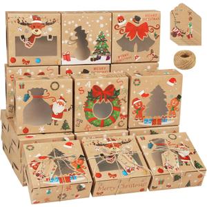 Fovths 24 Pack Christmas Cookie Boxes 6 x 6 x 2.5 Inches Cupcake Gift Boxes with Window Brown Kraft Bakery Holiday Candy Box Treats Food Container with Tags for Gift Giving, Pastries, Pie, Doughnut