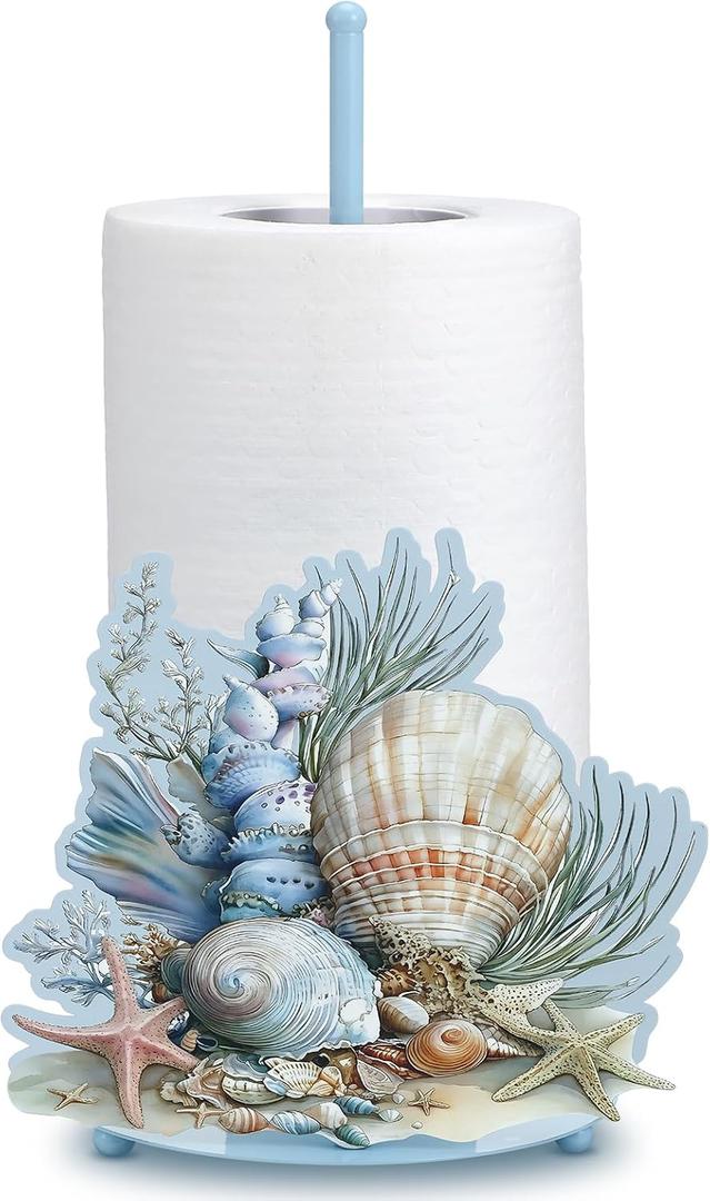 Shimeyao Beach Seashell Metal Paper Towel Holder Ocean Seashell Coral Starfish Kitchen Decor Accessories Large Metal Towel Holder Stand Coastal Decor for Kitchen Bathroom Home