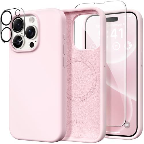 GONEZ for iPhone 15 Pro Max Case Silicone, Compatible with Magsafe, Camera Protector + Screen Protector, Soft Anti-Scratch Microfiber Lining, Liquid Silicone Shockproof Phone Cover, Chalk Pink