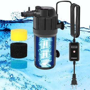 Fumak U - V Aquarium Filter for Green Water, Fish Filter with Timer, Dual Mode(Aeration/Rainfall) for 10-40 Gallon Tanks, Flow Rate & Direction Adjustable , Flow Rate 130GPH