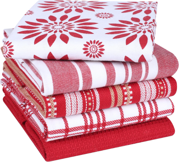 Assorted Kitchen Towels Large 16x26 Inch 100% Cotton Set of 5 - Dish Cloths Towels with Hanging Loop - Soft Absorbent Washable Tea Towels for Kitchen - Quick Drying Dish Towels Black