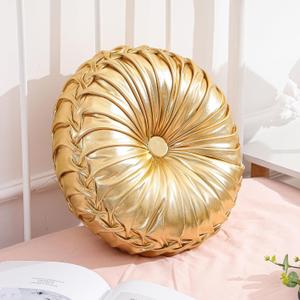 Gold Throw Pillows Decorative Round Pillows for Couch 15'' Pleated Pumpkin Cushion Smooth Metallic Leather for Home Decor Bedroom Living Room Couch Bed(1 Pcs)