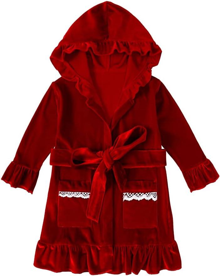 MYGBCPJS Boys Girls Velvet Christmas Hooded Bathrobe Matching Sash Little Kids Ruffle Long Sleeve Xmas Pajamas Pjs Sleepwear (2-3T, Color # 01)