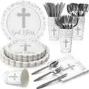 Zhehao 25 Sets Baptism Plates Napkins Party Supply First Communion Decorations God Bless Disposable Cups Cutlery for Newborn Baby Shower Christening Church(White)