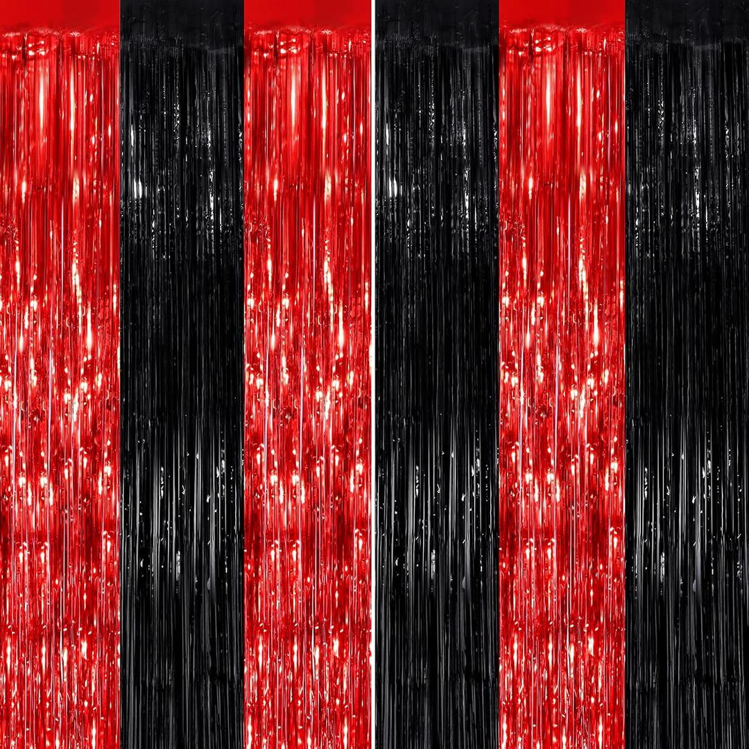 Black Red Fringe Curtain Party Streamers 2 Pack 3.3 x 8.3 Ft Foil Fringe Backdrop Curtains for Birthday Wedding Bridal Baby Shower Holiday Tinsel Streamers Black Party Decorations Door Streamers