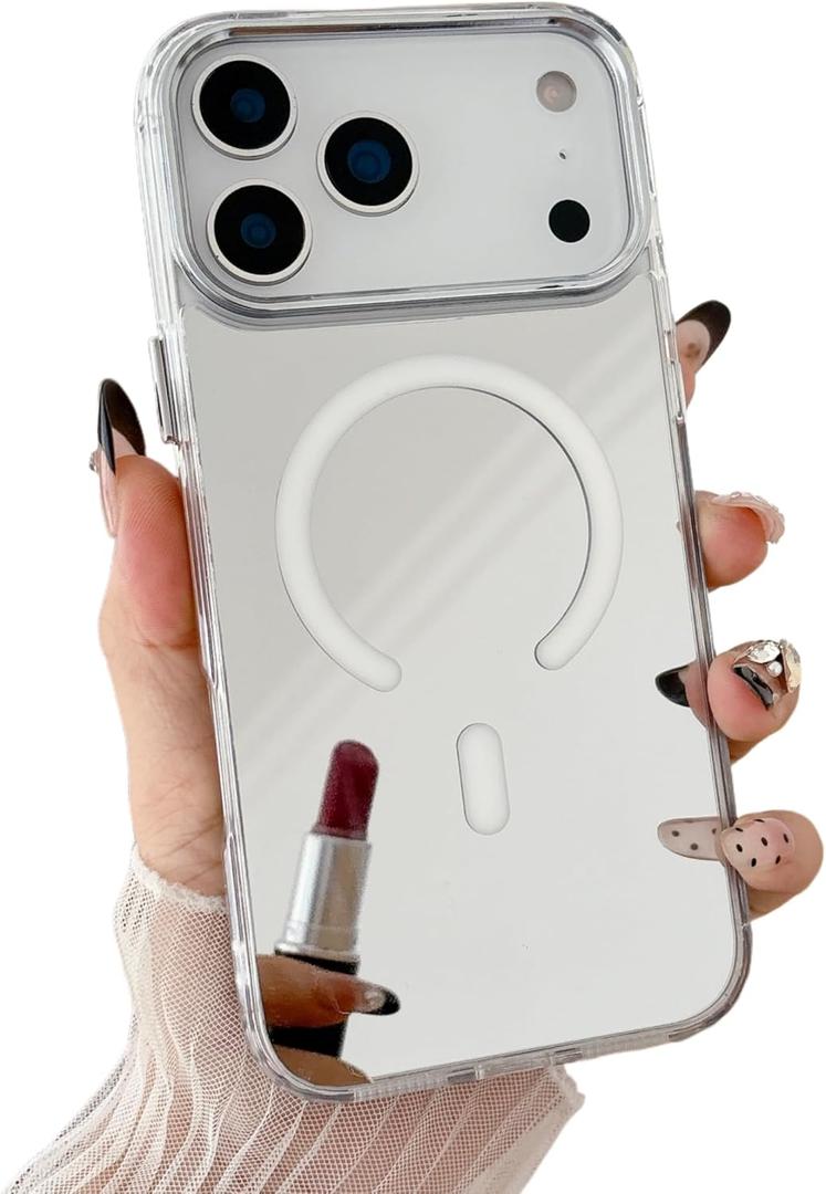 Mirror Magnetic Case for iPhone 17 Pro [Compatible with MagSafe] Cute Glass Glossy Mirror Back Case for Women Girls Makeup Cover with Clear Soft TPU Bumper Slim Frame Phone Case 6.3 inch