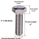 1/4-20 x 1 Hex Bolt (1/2" to 3"),External Hex Head Screw, Fully Threaded, 304 Stainless Steel 18-8, 20Pcs