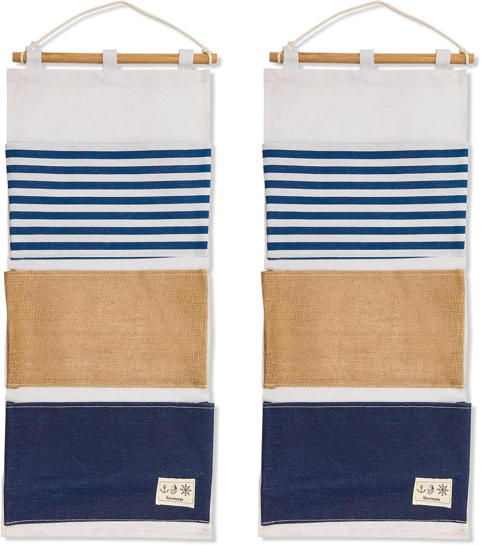 Juvale 3 Pocket Hanging Wall Organizer - Space-Saving Over-Door Storage - Vertical Wall Hanging Storage - Collapsible Fabric Mail Holder - 11.75"x 27", 2-Pack, Linen & Wood, White/Navy Blue/Brown