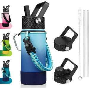 BJPKPK Water Bottle with Straw Lid, 18oz Insulated Water Bottles with 3 Lids, Paracord Handle & Non-slip Boot, Metal Stainless Steel Thermo, BPA Free Leak Proof Cups, Tumblers, Sky