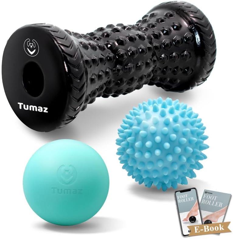 Tumaz Massage Ball & Foot Roller 3-in-1 Set with Spiky Ball, Lacrosse Ball, Massage Roller - Ergonomic Design to Relieve Plantar Fasciitis, Foot Massager for Deep and Superficial Muscle Pain (Diamond(black) 3-piece Set)