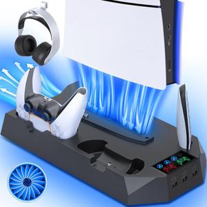 PS5/Slim/Pro Cooling Station with Controller Charging Station for PlayStation 5 Slim/Pro Console, PS5 Cooling Stand Cooler Accessories Incl Cooling Fan, 3 USB Hubs, Headset Holder, Screw - Black