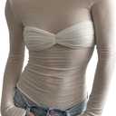Women's Sexy Crop Top Long Sleeve Off Shoulder Going Out Tops Slim Fit Mesh Ruched Twisted Blouse Y2K T Shirt, S
