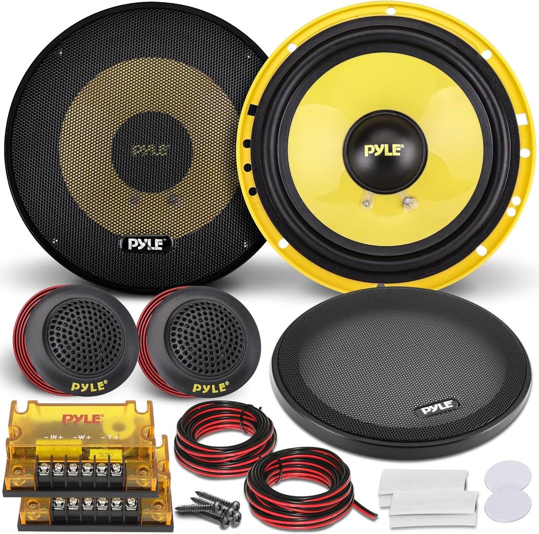 Pyle 2 Way Custom Component Speaker System - 6.5 400 Watt, with Electroplated Plastic Basket, Butyl Rubber Surround & 40 Oz Magnet Structure - Wire Installation Hardware Set Included - PLG6C, Yellow